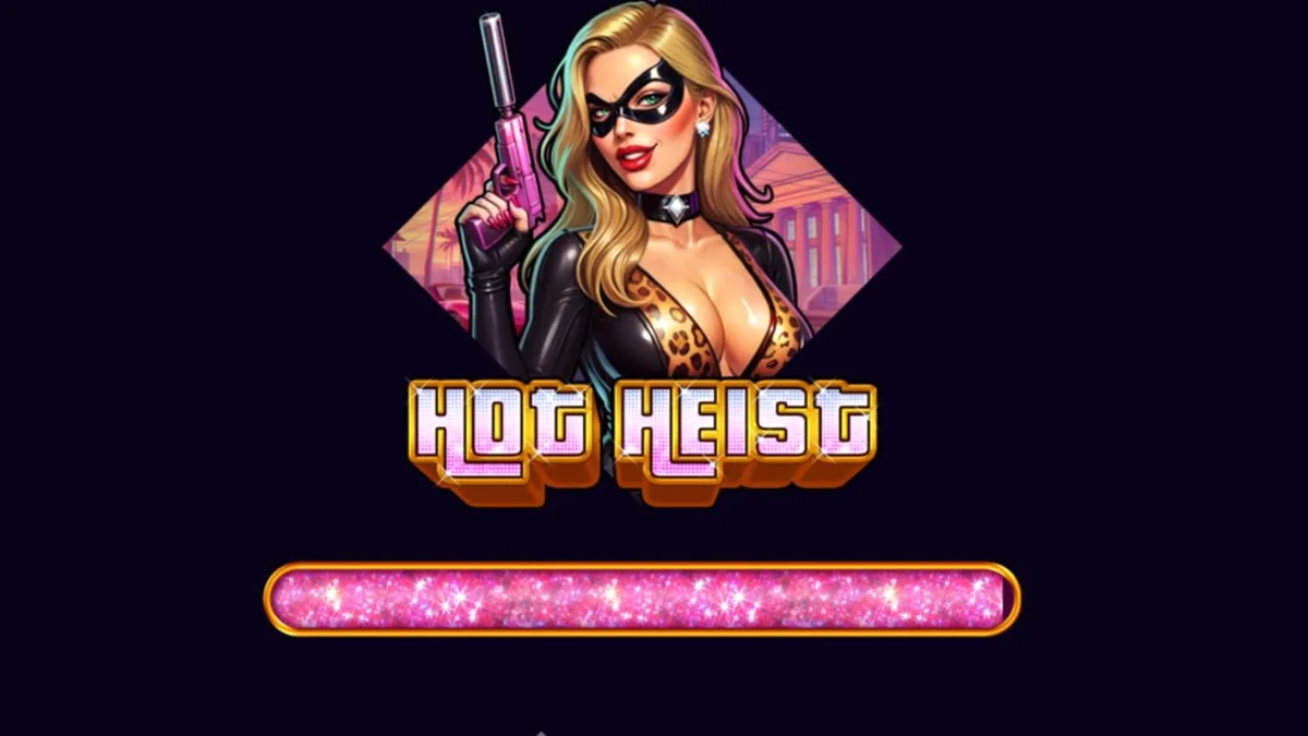 Hot Heist slot game screen na may neon theme at crime elements