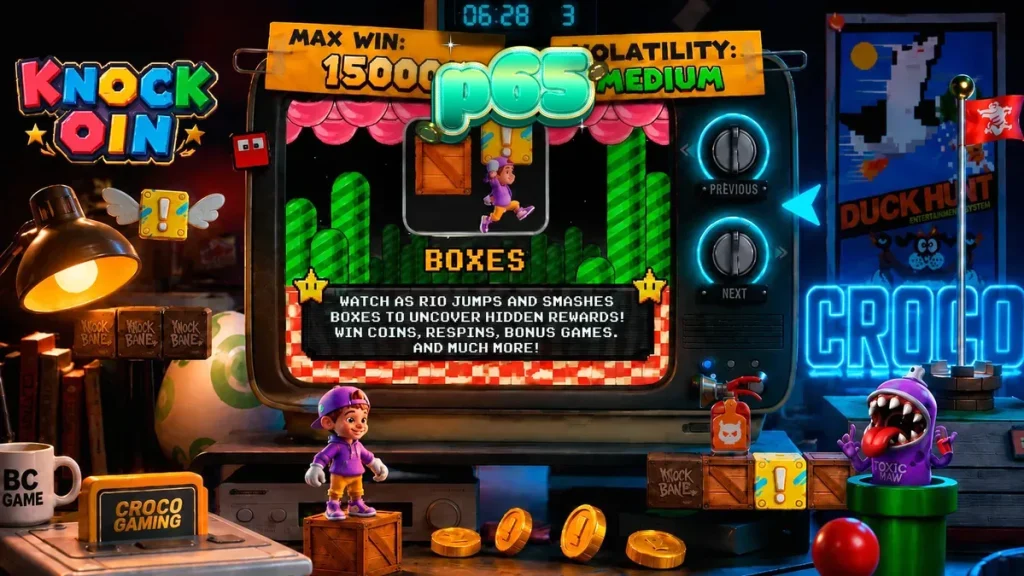 Tampilan visual retro 8-bit dari slot KNOCKOIN dengan karakter Rio di layar